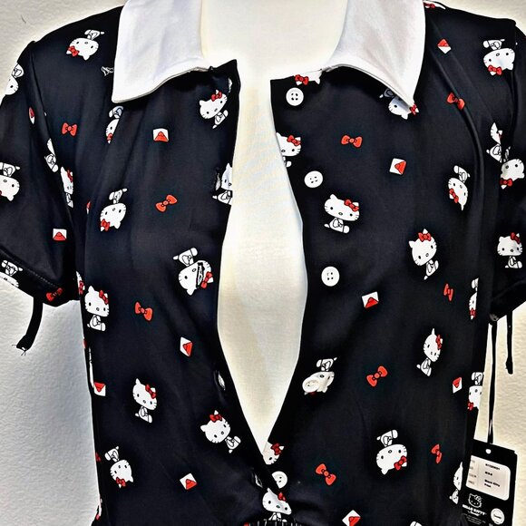 Unique Vintage x Hello Kitty Midi Fit & Flare Dress Collared Button Up Pockets - Picture 9 of 13